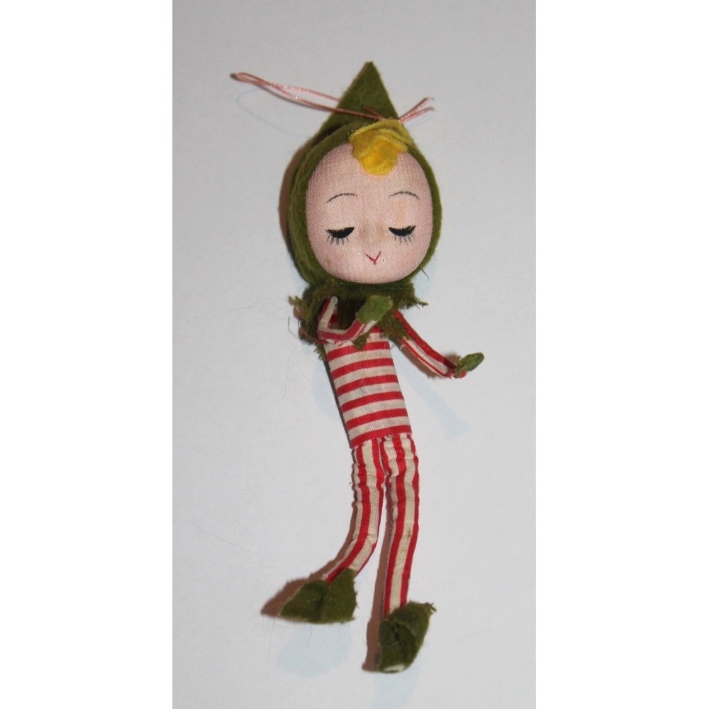 vintage Japan Christmas elf pixie bendable ornament red/white stripes & green